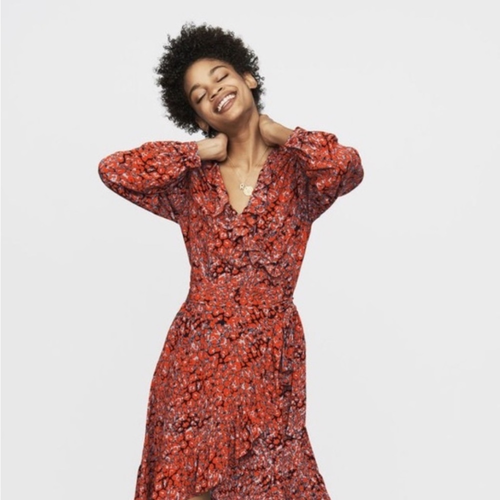 Maje Red Floral Long Sleeve Dress